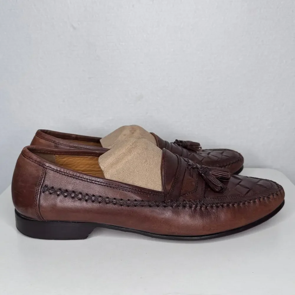 1990s Johnston & Murphy Brown Leather Preppy Woven Tassel Loafers Men’s 10.5M